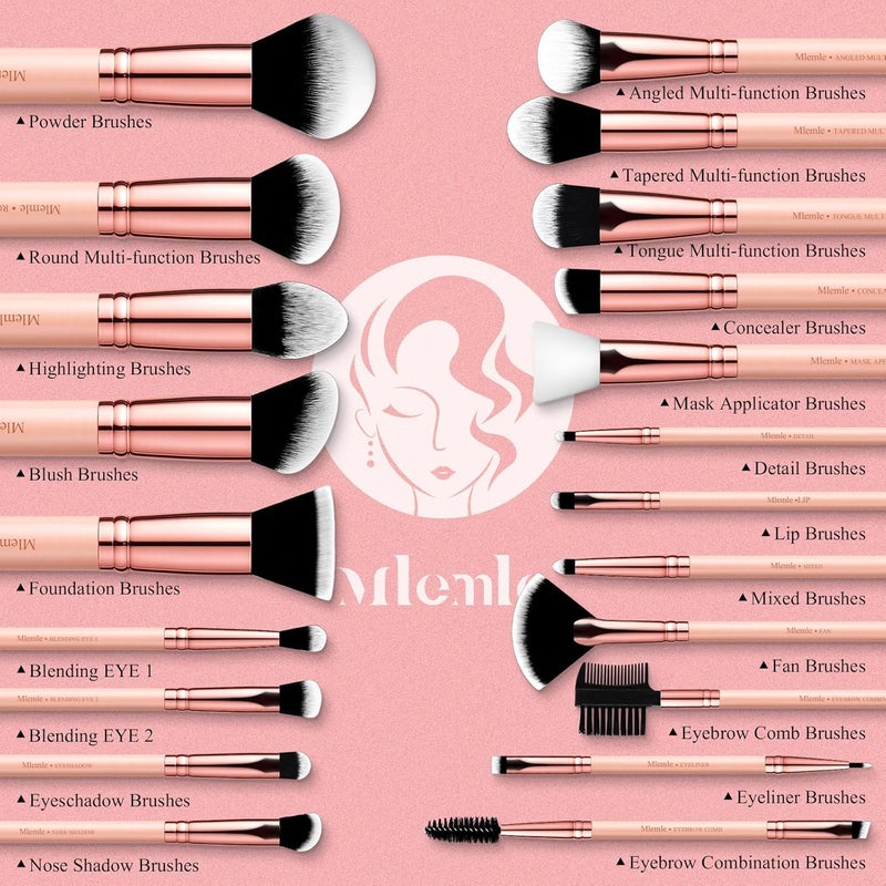 Mlemle Makeup Brushes Set, Professional 26 Pcs Makeup Kit, Include Powder Foundation Concealers Blush Eye shadows Eyebrow 21 Pcs Makeup Brushes and 2 Powder Puff, 3 Makeup Sponge(A01-Pink) - Image 2